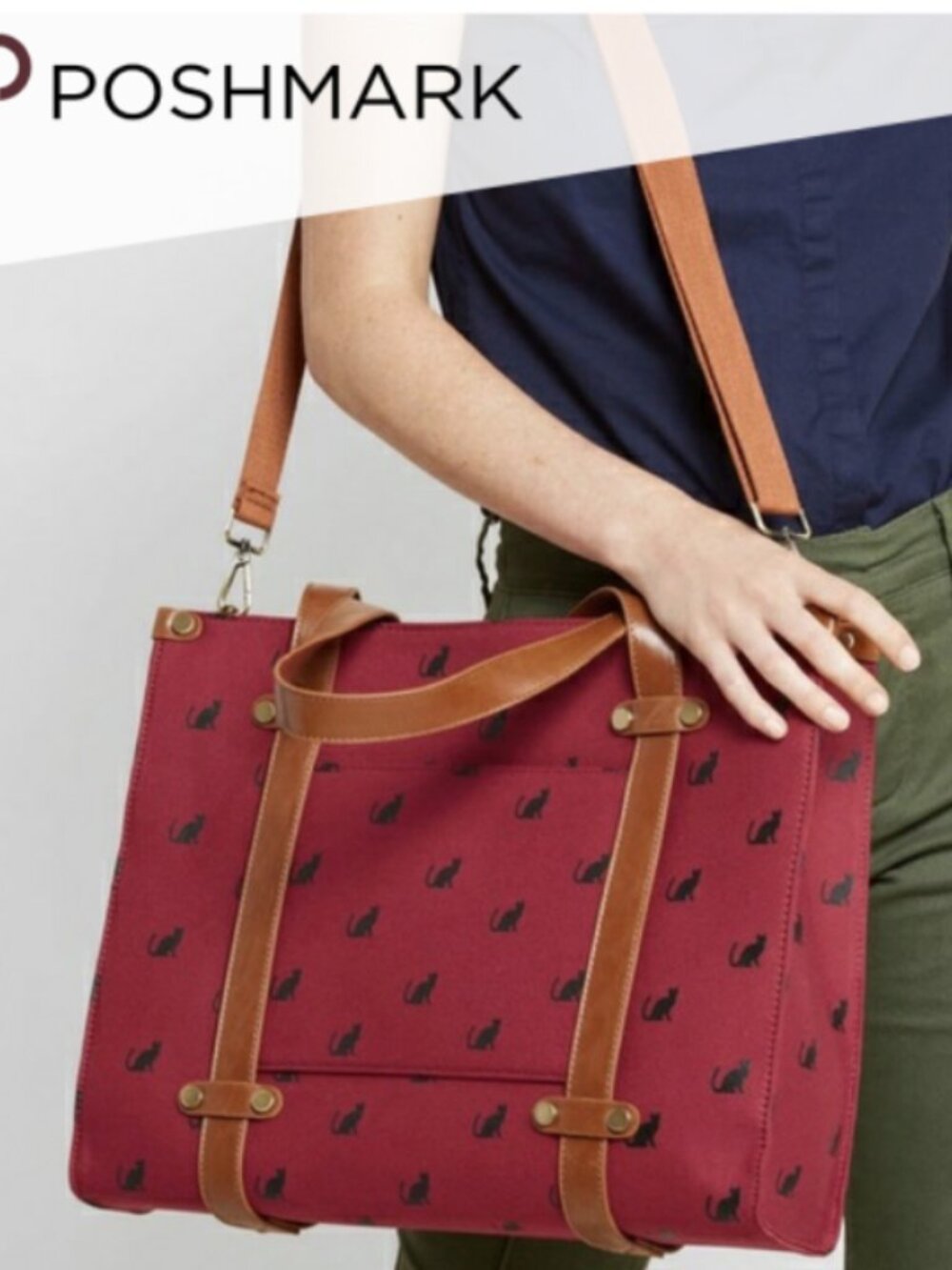 Modcloth Camp Director Tote Red Canvas with Cat Print and Leather Handles